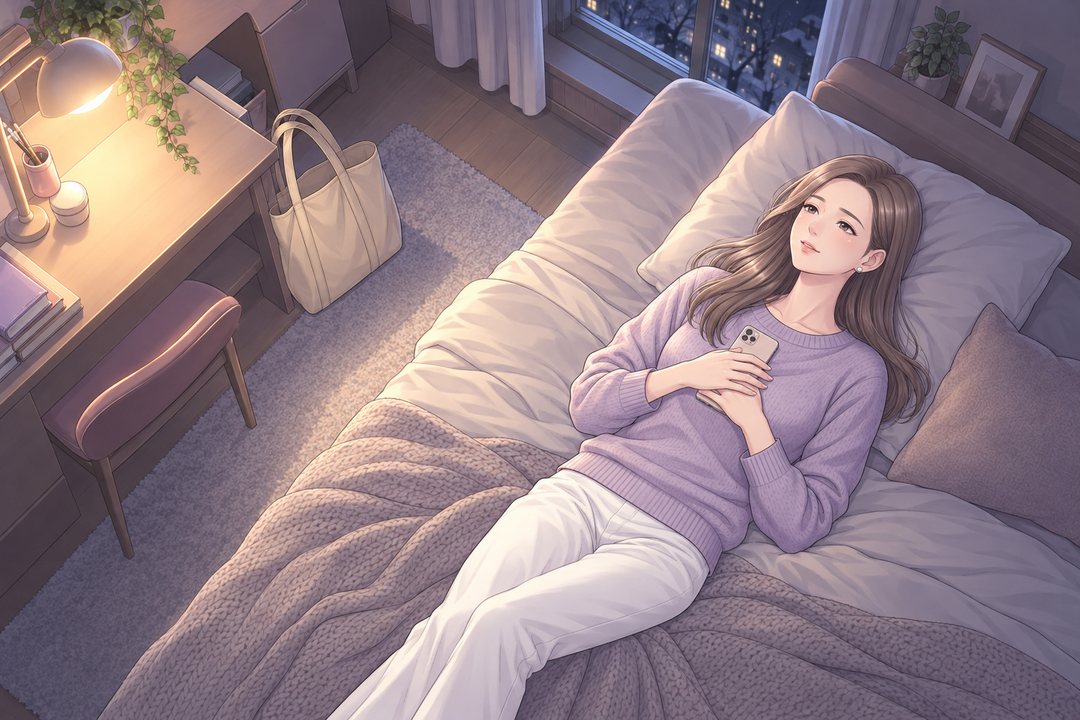 少し上から見た茉莉の部屋。ベッドに寝ころんだ茉莉が、スマホを胸に置いてほほえむ。