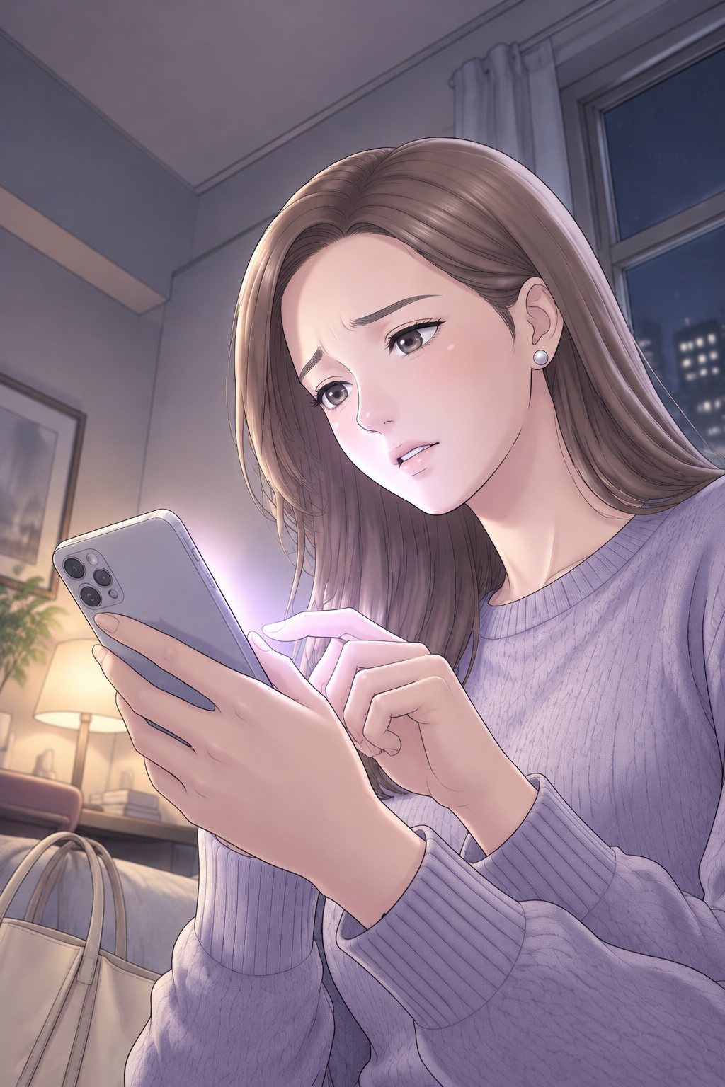 夜の部屋の窓ぎわ。茉莉がスマホの通知を開き、画面の光が顔を下から照らす。