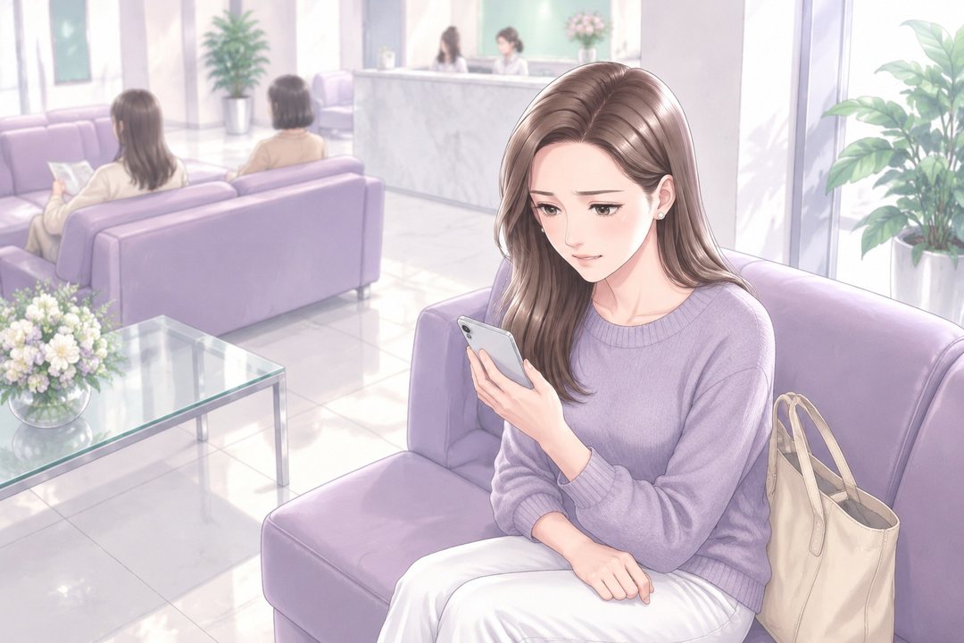 少し上から見た、パールの白い待合室。ラベンダーのソファの端で茉莉がスマホを見る。奥に小さく、ほかの患者の後ろ姿と受付。
