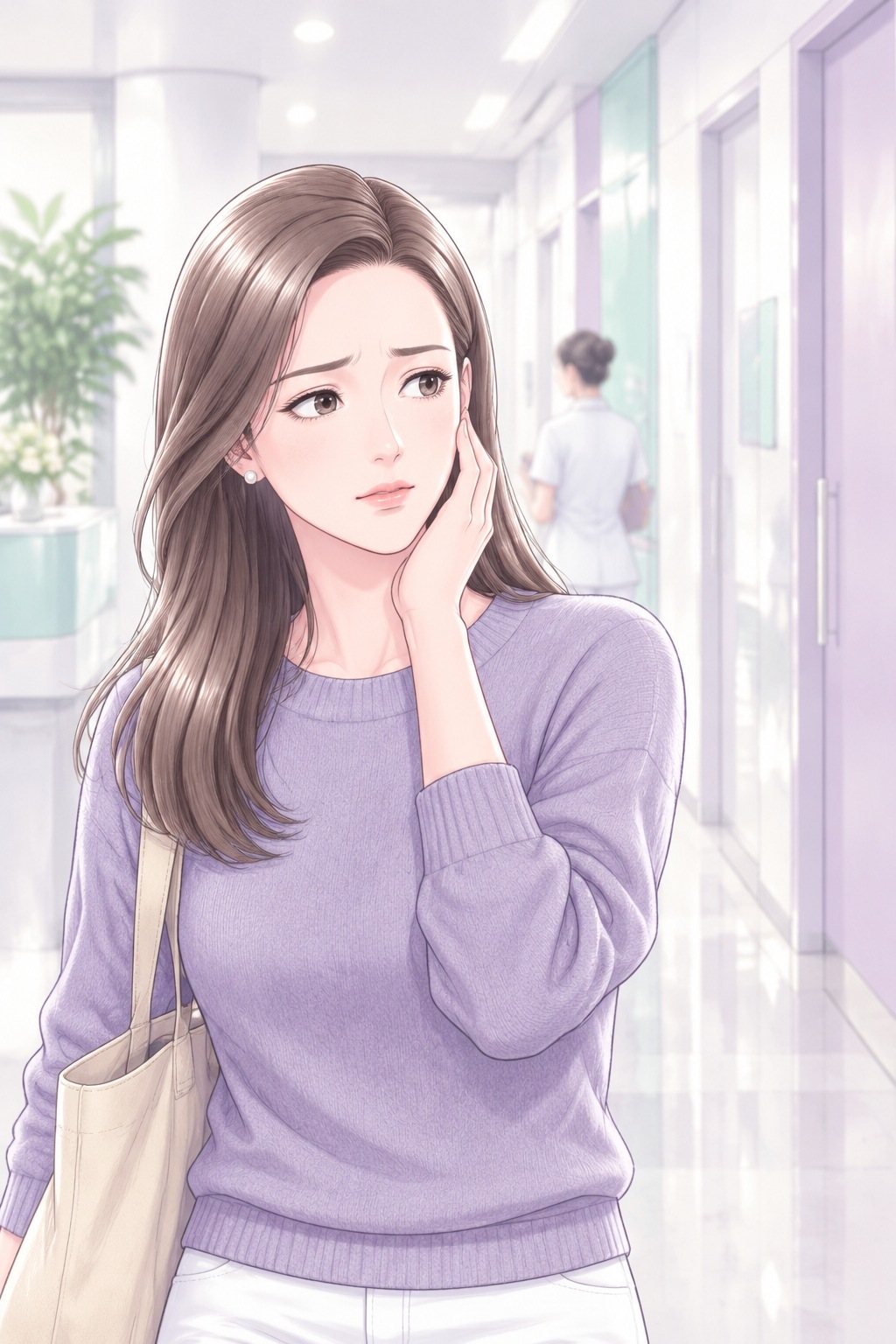 白い廊下の茉莉の胸から上。頬に片手を当て、相談の係を見て戸惑う。