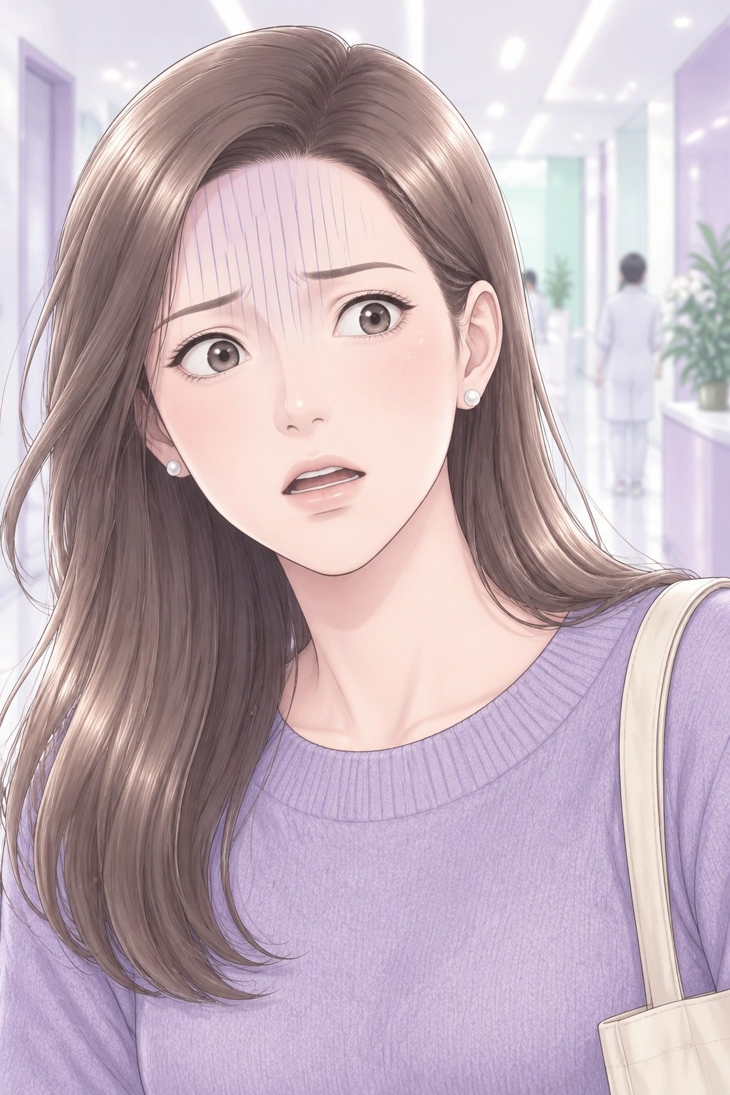 茉莉の顔の寄り。目を見開いて固まる。顔に驚きの縦線。