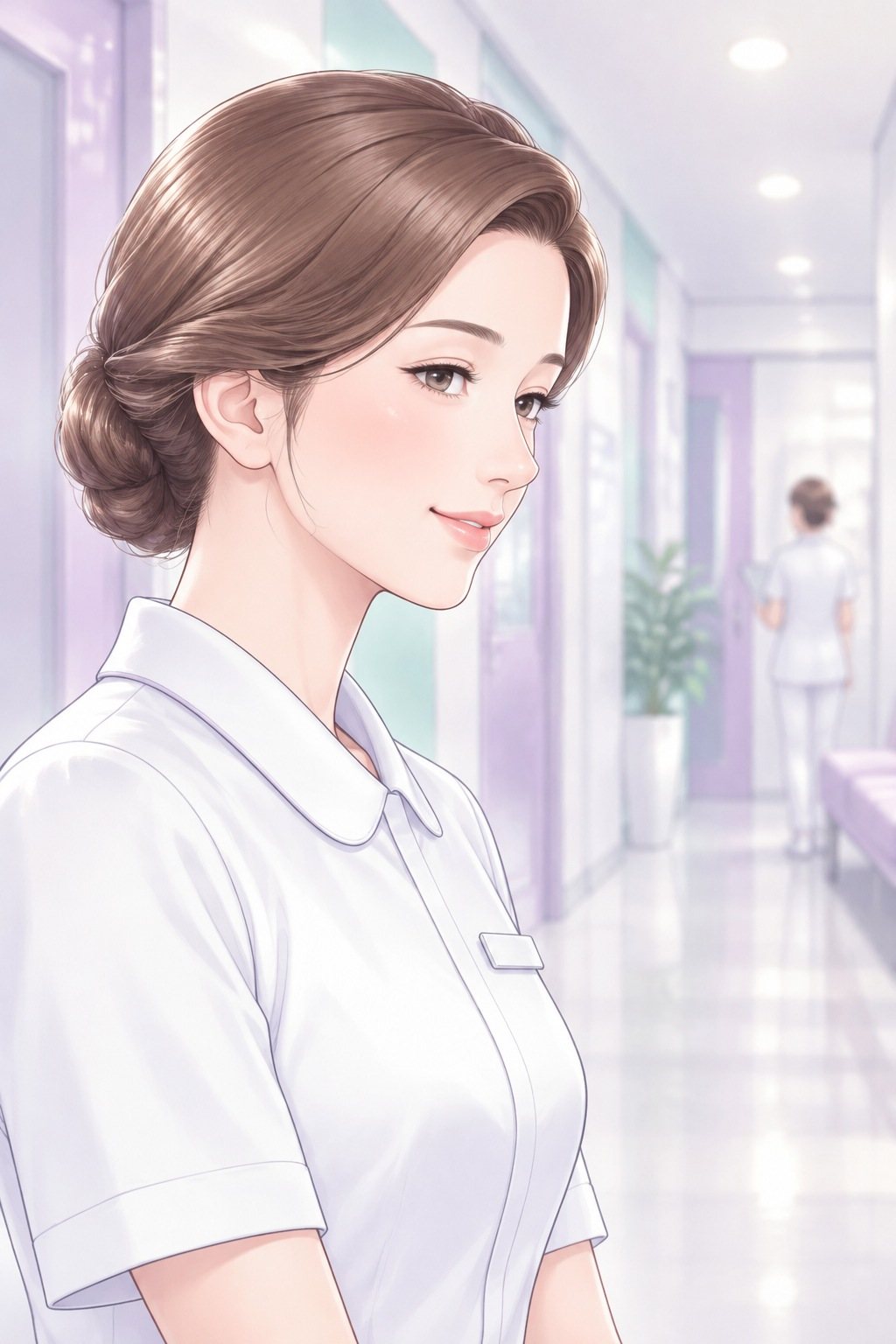相談の係の寄り。首を少しかしげ、笑顔のまま目をそらす。