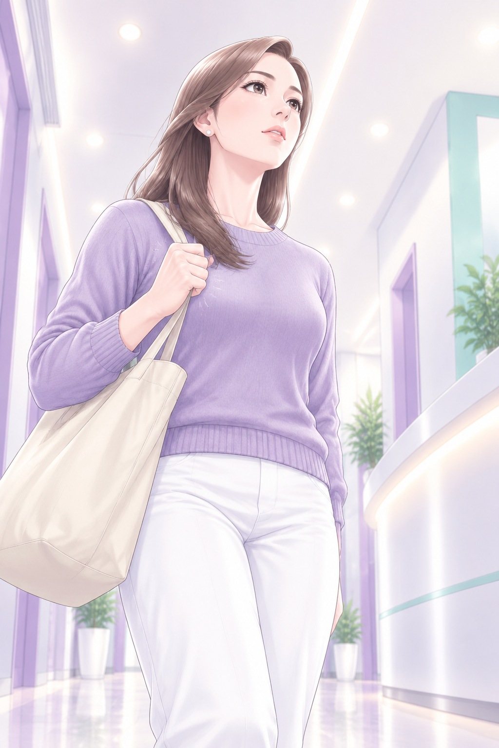 下から見上げた茉莉。トートバッグの持ち手を握りしめ、右上の相談の係を見上げる。
