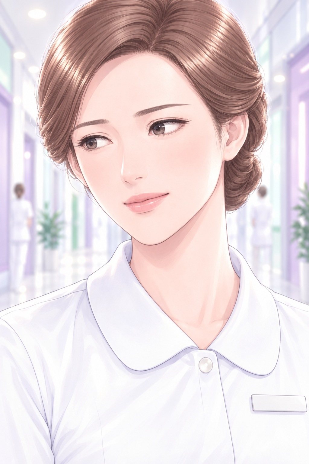 相談の係の顔の寄り。口元に笑みの形だけが残り、目は笑っていない。左の茉莉を見る。