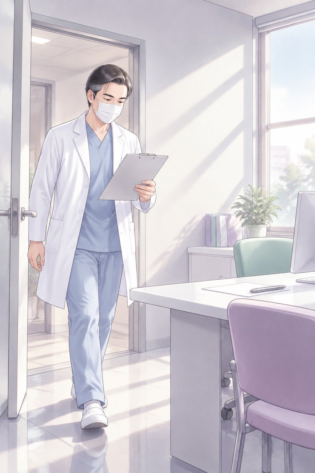診察室の戸口。白衣にマスクの40代の男性の医師が、カルテを見ながら入ってくる。