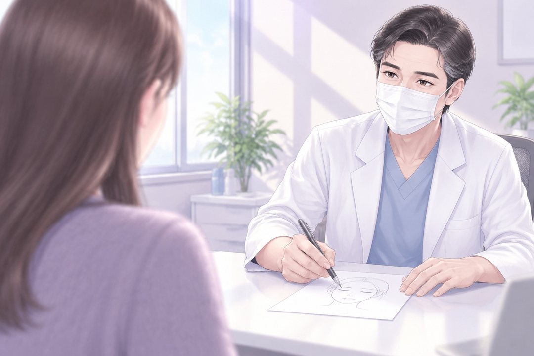 肩越しに見た診察室の机。医師が白い紙に顔の輪郭の線を描きながら話す(字は読めない)。手前に茉莉の背中と髪が大きく写る。