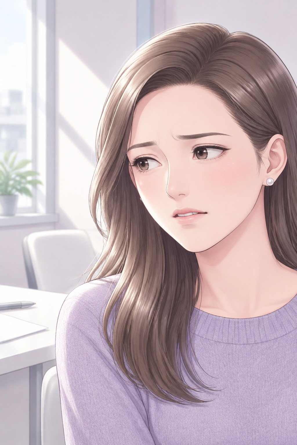 茉莉の顔の寄り。眉を寄せ、目をそらす。窓からの白い光。