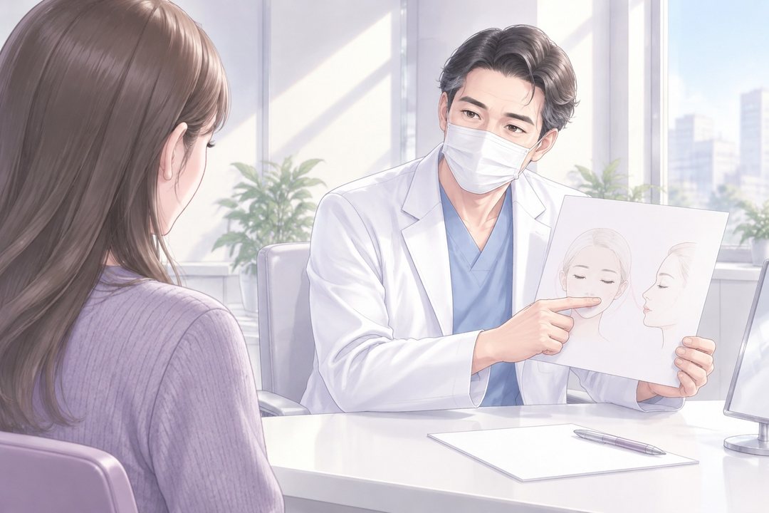 診察室の医師。顔の線を描いた白い紙を茉莉の方へ向け、指さして話す(字は読めない)。手前に茉莉の背中。