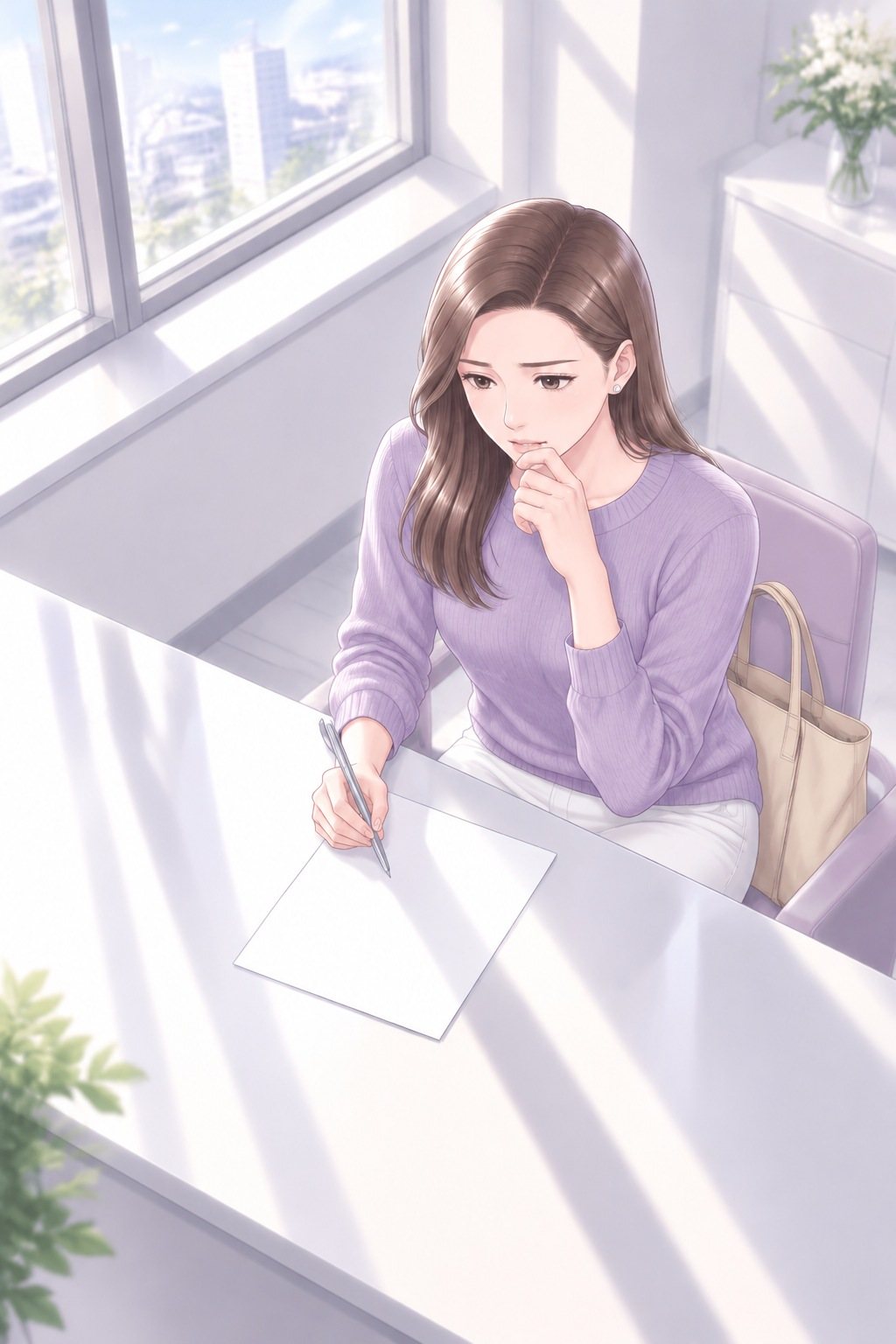 少し上から茉莉。机の紙を見て、あごに手を当て、ペンを持つ手を止める。窓の外は昼の空と街。