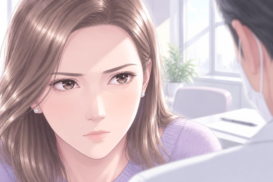 茉莉の顔の寄り。手前の医師の肩越しに、まっすぐ医師を見る、決めた目。