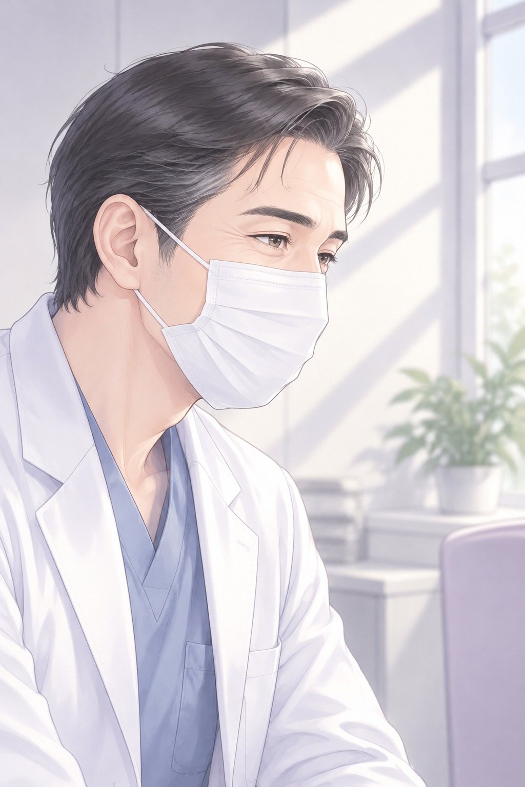 医師の横顔。マスクの上の目が少しだけ和らぎ、間を置く。