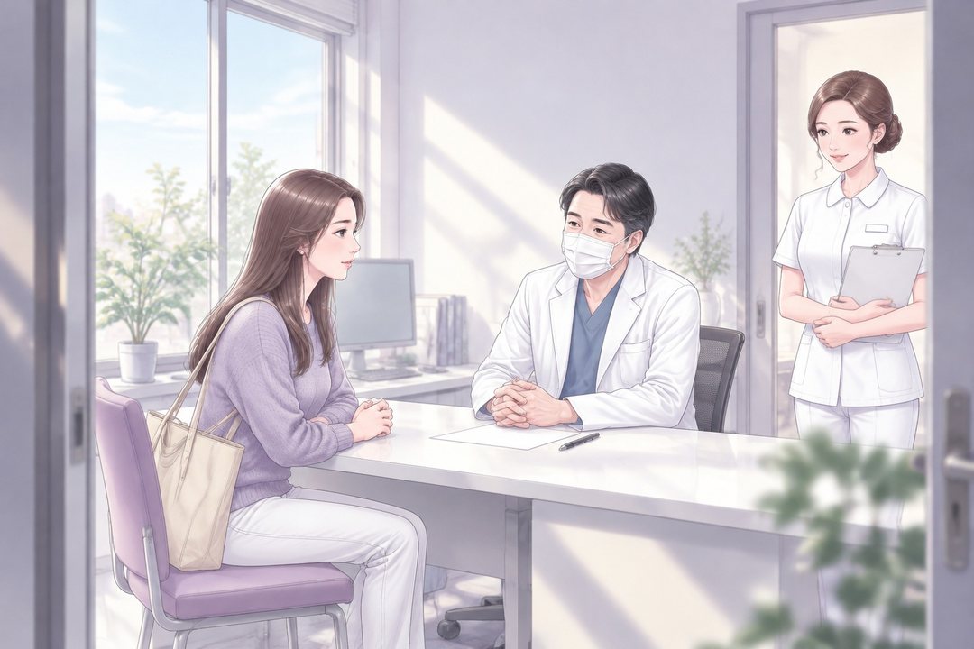 診察室の全景。座る医師と茉莉、その後ろの戸口に立つ相談の係。窓からの白い光。