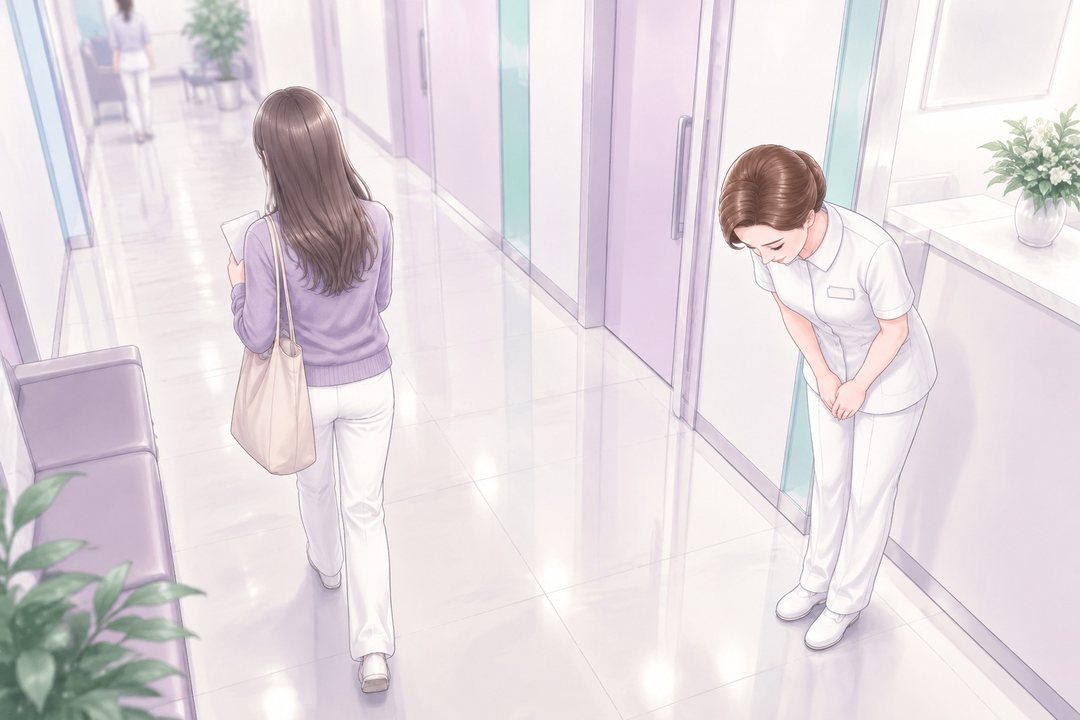 少し上から見た白い廊下。封筒を抱えて帰る茉莉の背中に、相談の係が深くおじぎをする。