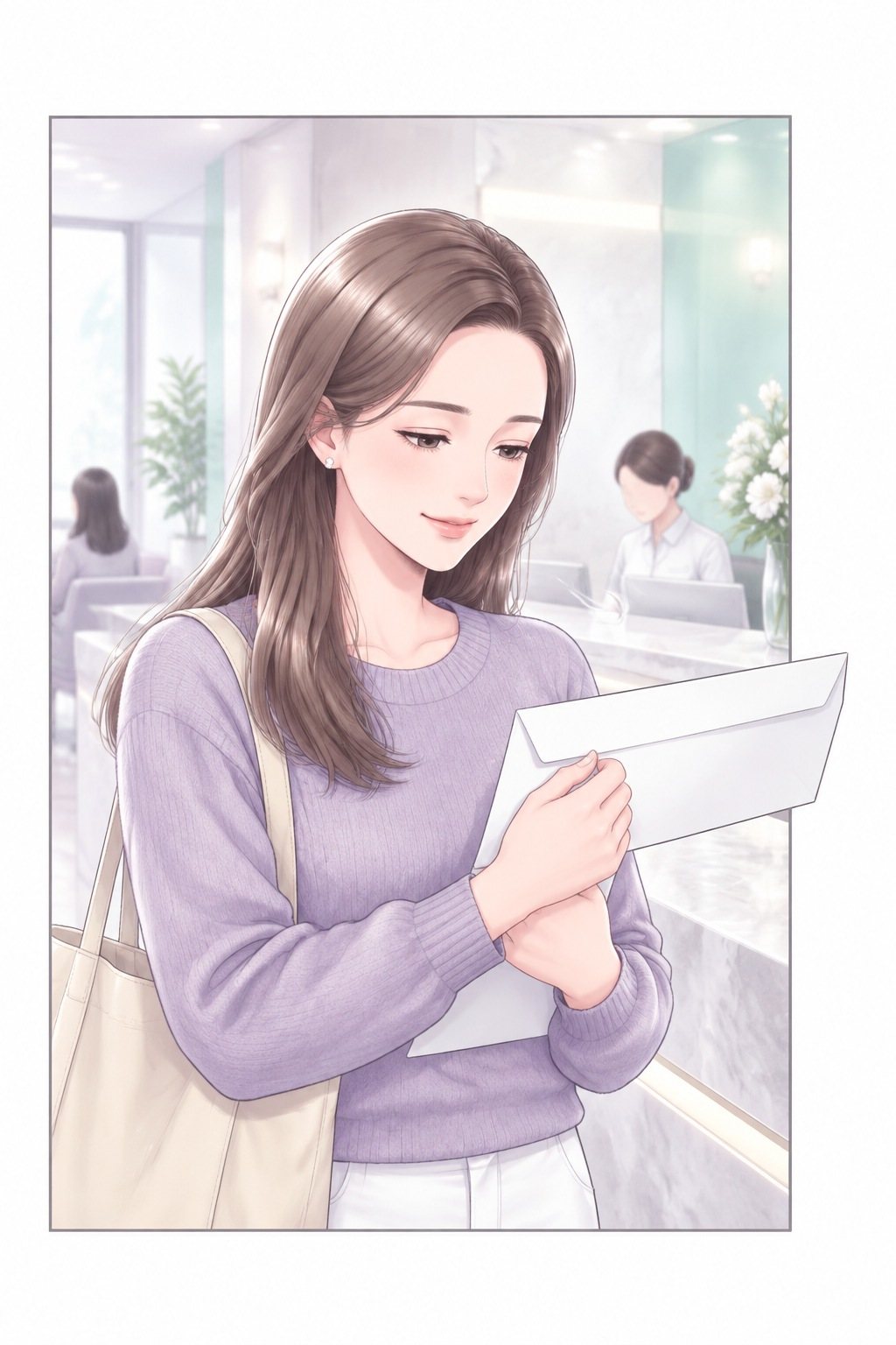 受付のカウンター。説明の紙の入った封筒を胸に抱えた茉莉が、肩の力を抜いて小さく笑う。