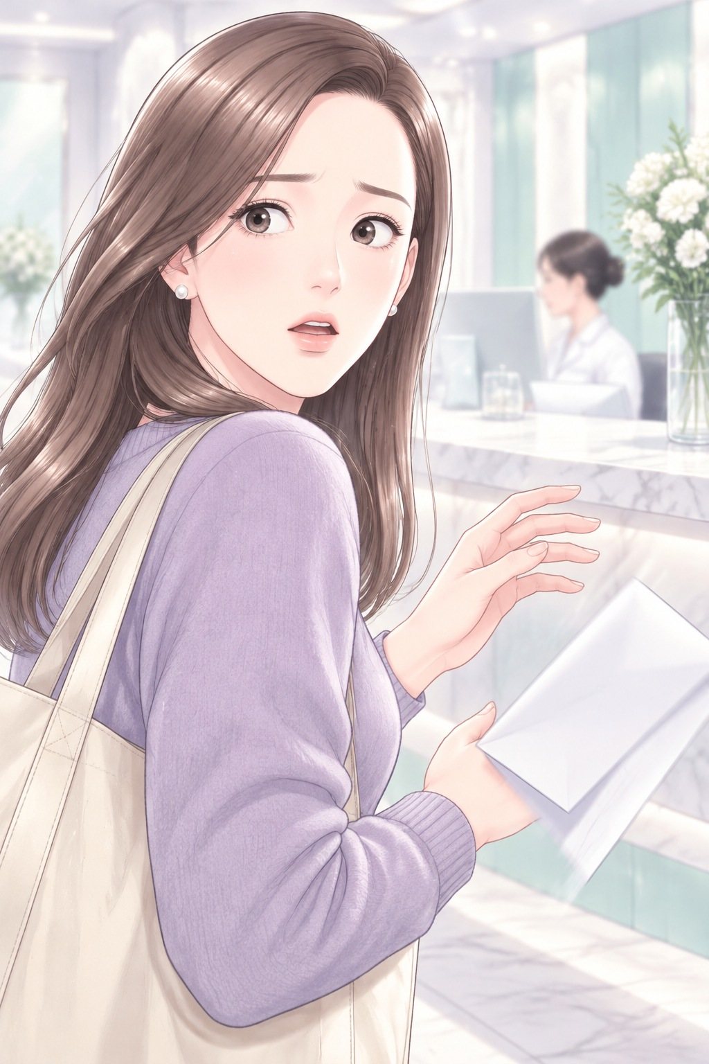 受付の前で振り返る茉莉の顔の寄り。目を見開き、封筒を落としかける。