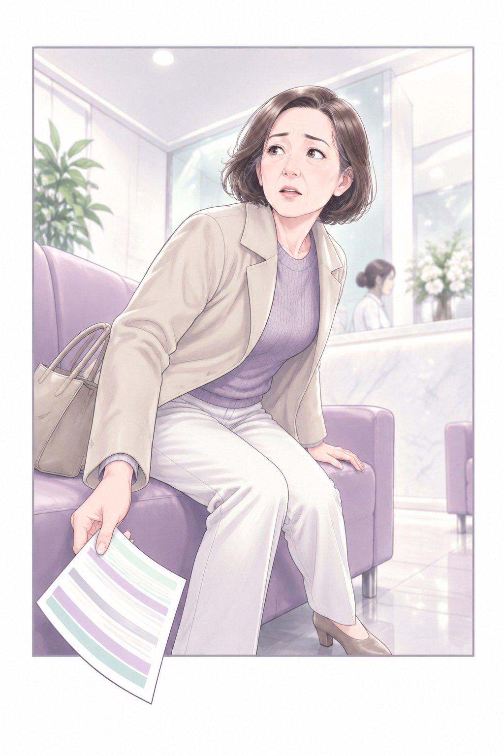 待合室。ラベンダーのソファから、白髪が少しまじる茶色い髪の50代の女性が立ち上がりながら振り向く。目じりのしわ、手に1枚の紙。
