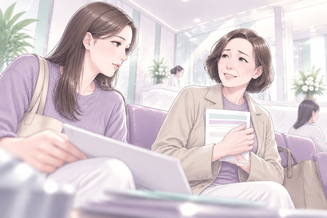 待合室のラベンダーのソファ。左に封筒を持って振り向く茉莉、右に白髪まじりの母が案内の紙を胸に抱え、決まり悪そうに笑う。パールの白い光。
