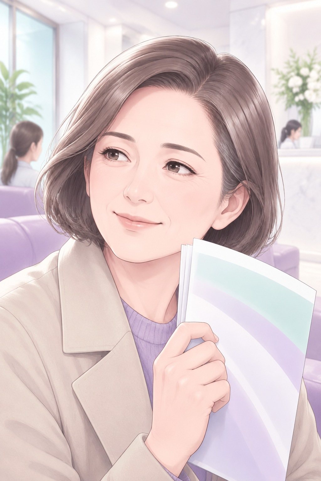 母の顔の寄り。案内の紙を顔の横に持ち、目じりのしわで笑って目をそらす。