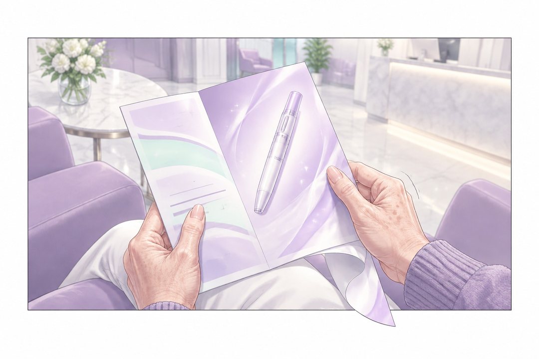 母の手元の寄り。ラベンダーの案内の紙(字は読めない)に、ペンの形の注射の器具の絵。紙の角が枠の下からはみ出す。