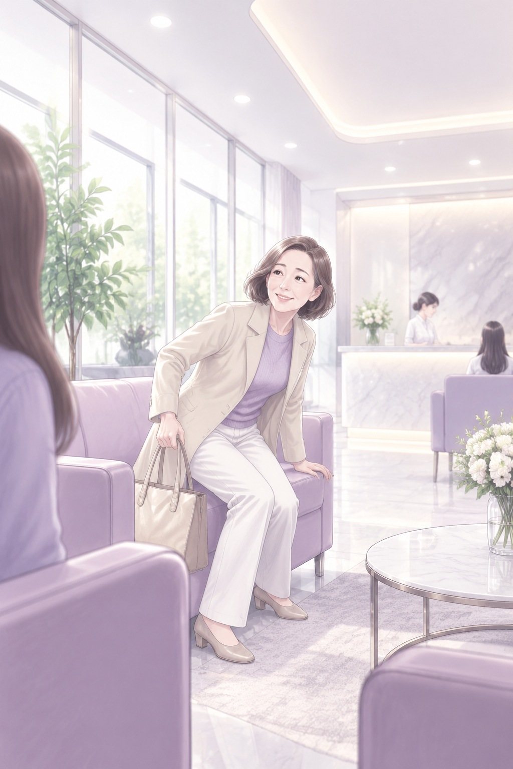 引きの待合室。左手前に茉莉の背中。母がバッグを持ってソファから腰を上げ、弾んだ顔で話す。