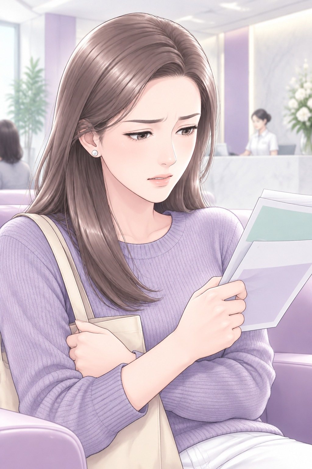 茉莉の顔の寄り。眉を寄せ、手に持った紙へ目を落とす。肩のバッグを抱える腕に力が入る。待合室のパールの白い光。