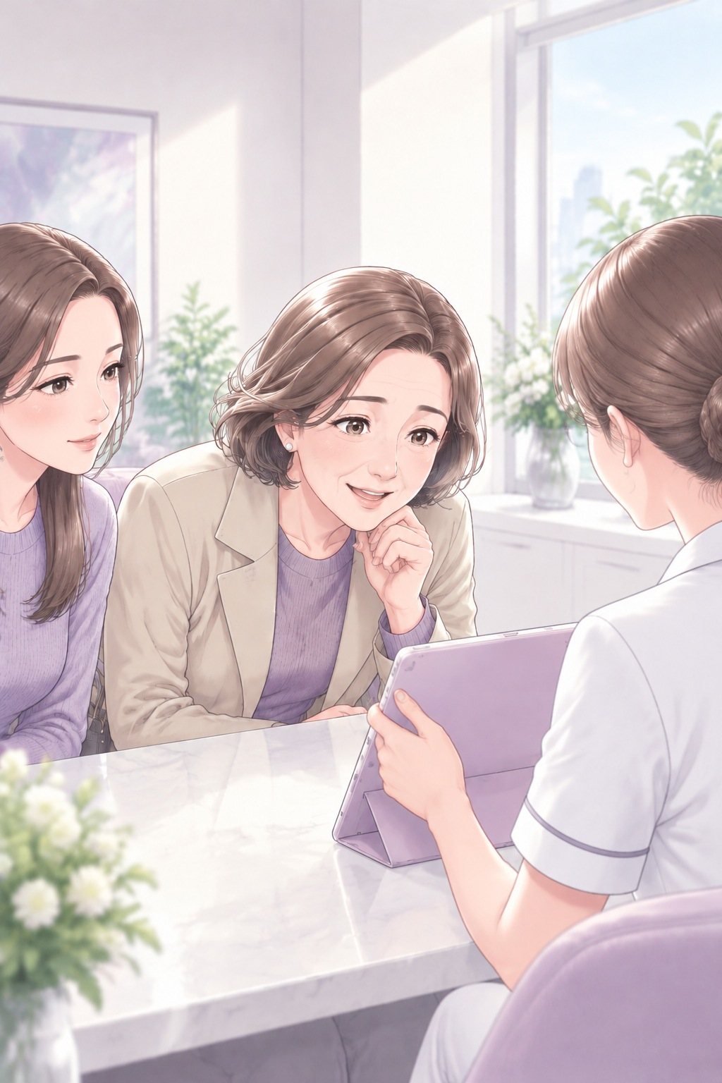相談室。母の胸から上。手をあごに添え、身を乗り出して係のタブレットをのぞく。左に茉莉、右手前に係の後ろ姿。