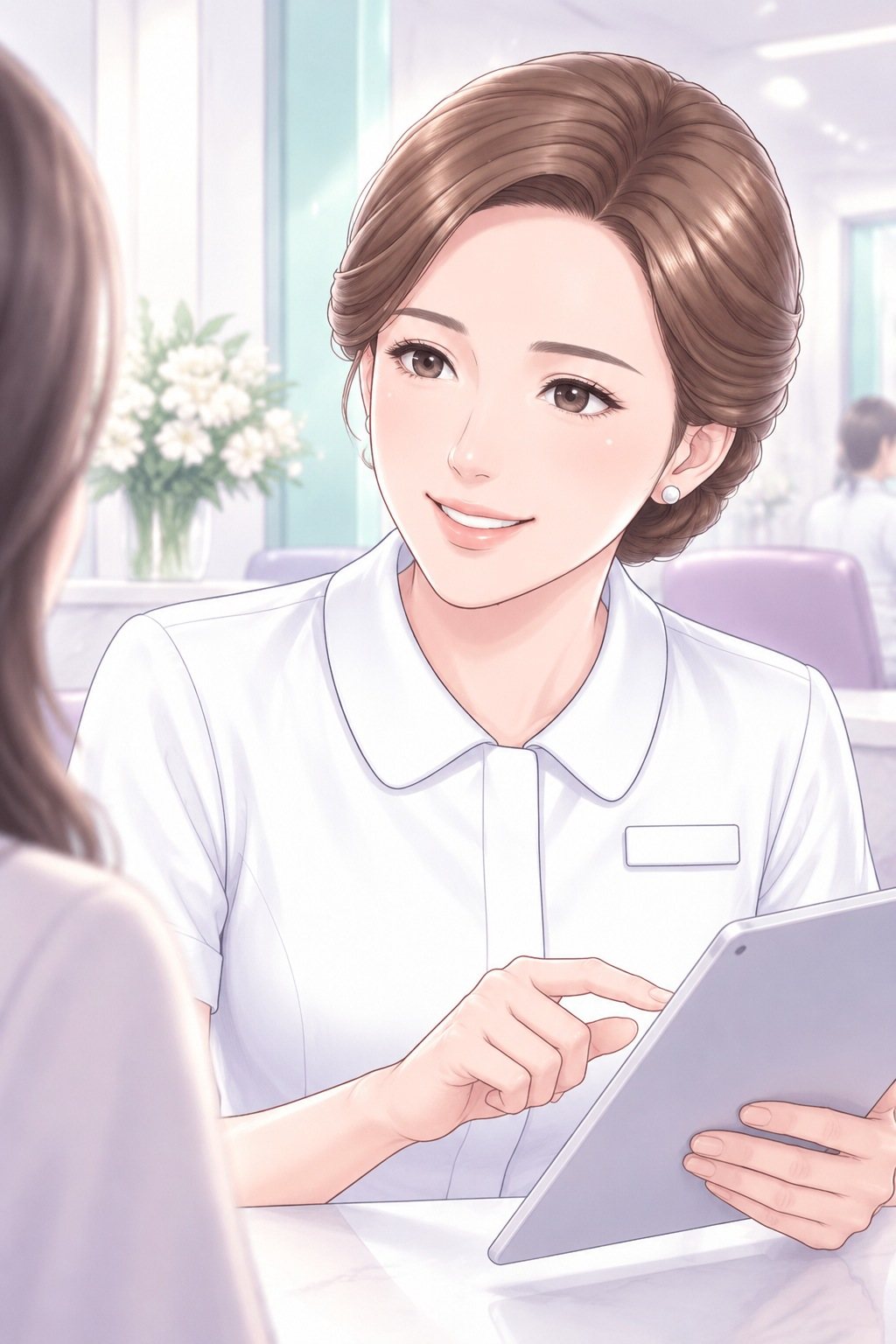 相談の係の顔の寄り。笑顔のまま、タブレットを指でなぞる。