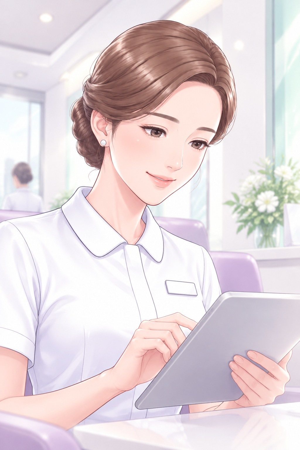 相談の係の顔の寄り。笑顔のまま、一瞬だけ目をタブレットに落とす。