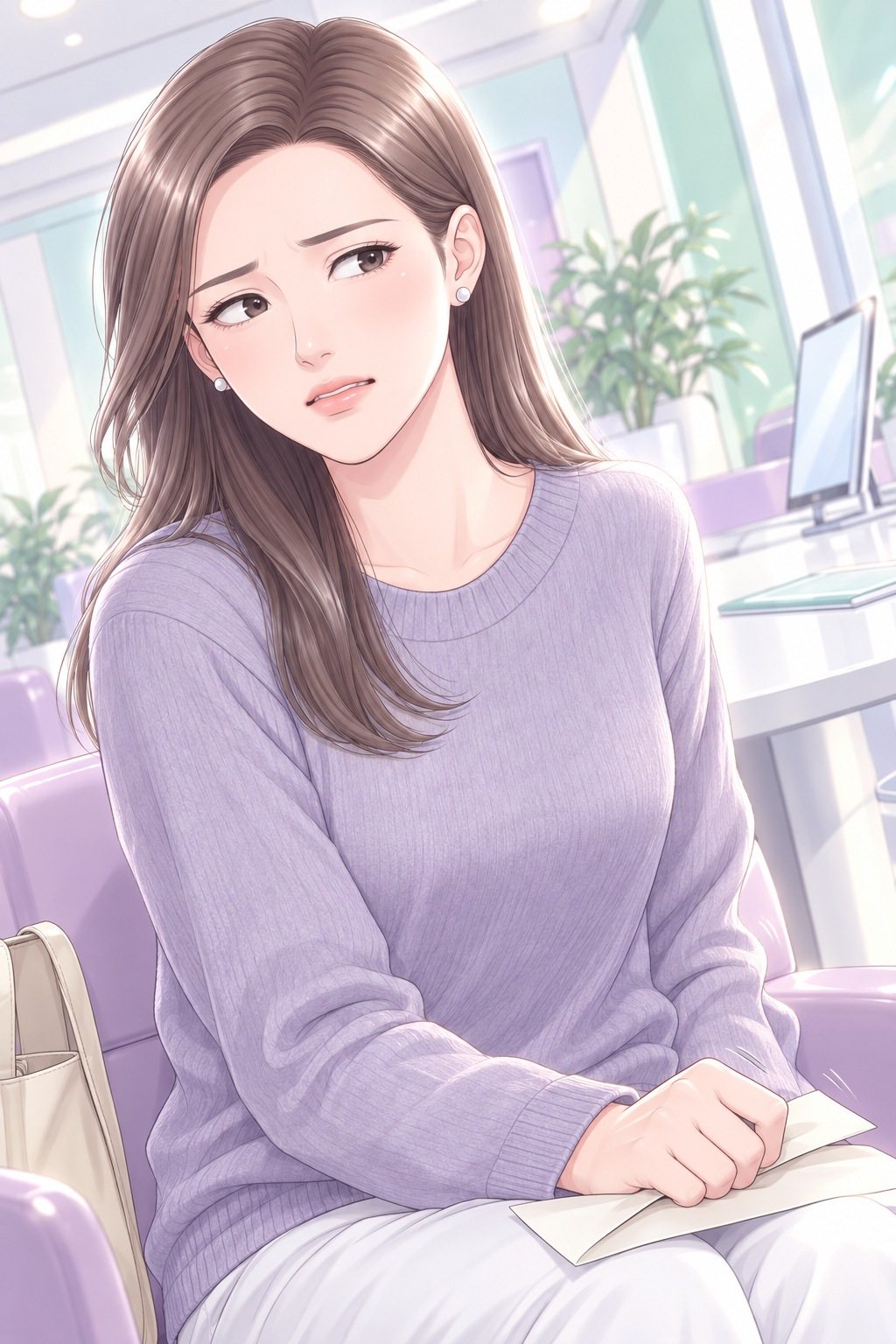 茉莉の胸から上。口を開きかけて止まり、目が横へ泳ぐ。膝の上で封筒の端を握る指。