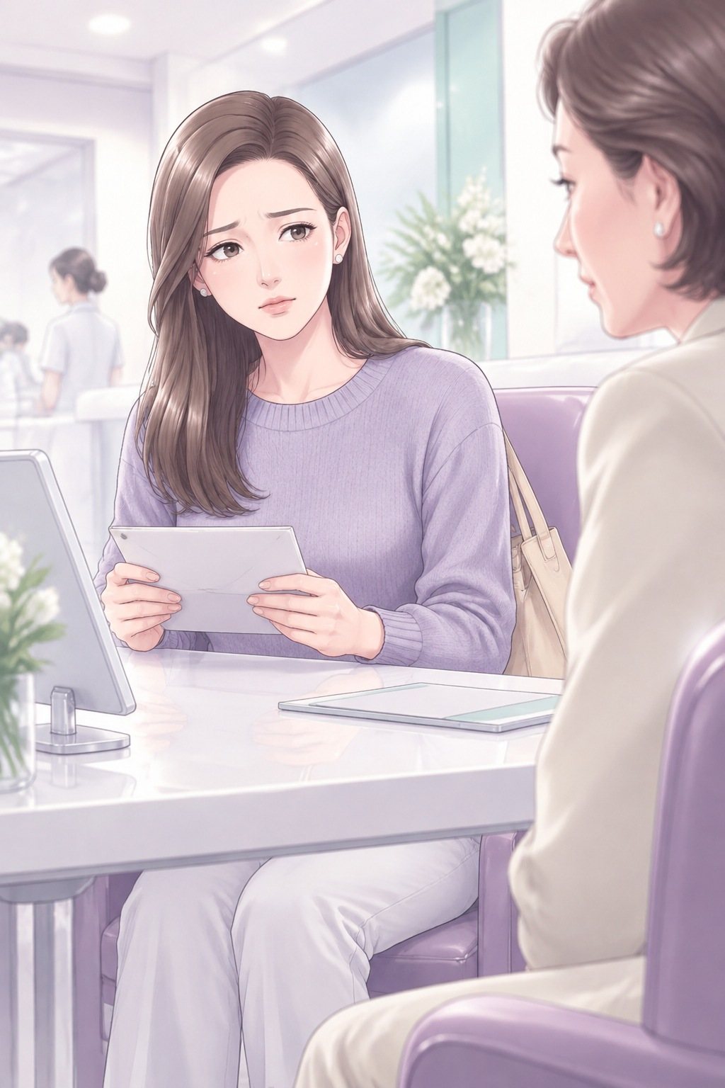 茉莉を机の高さから。封筒を両手で握り、右手前の母の横顔を見る。