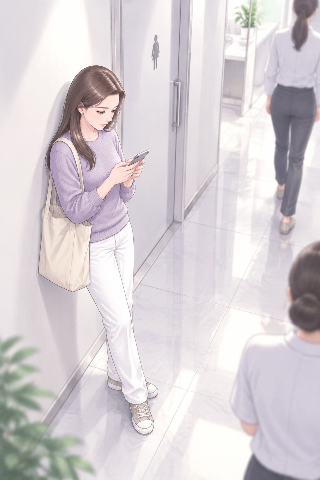 クリニックのトイレの前の白い廊下。壁に背をつけた茉莉が、スマホを両手で持って打ち込む。パールの白い壁、淡いミントの光。