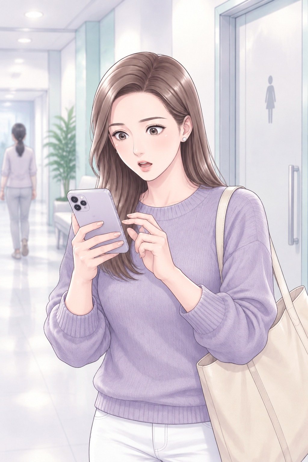 茉莉の腰から上。スマホの光が顔に当たり、目を見開く。
