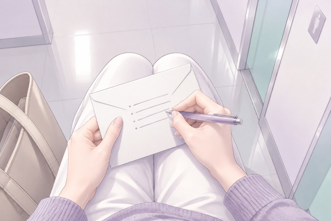 茉莉の手元の寄り。説明の紙の封筒の裏に、ペンで3つの番号を振って書き込む（字は読めない線だけ）。廊下の壁と自分の膝が写る。