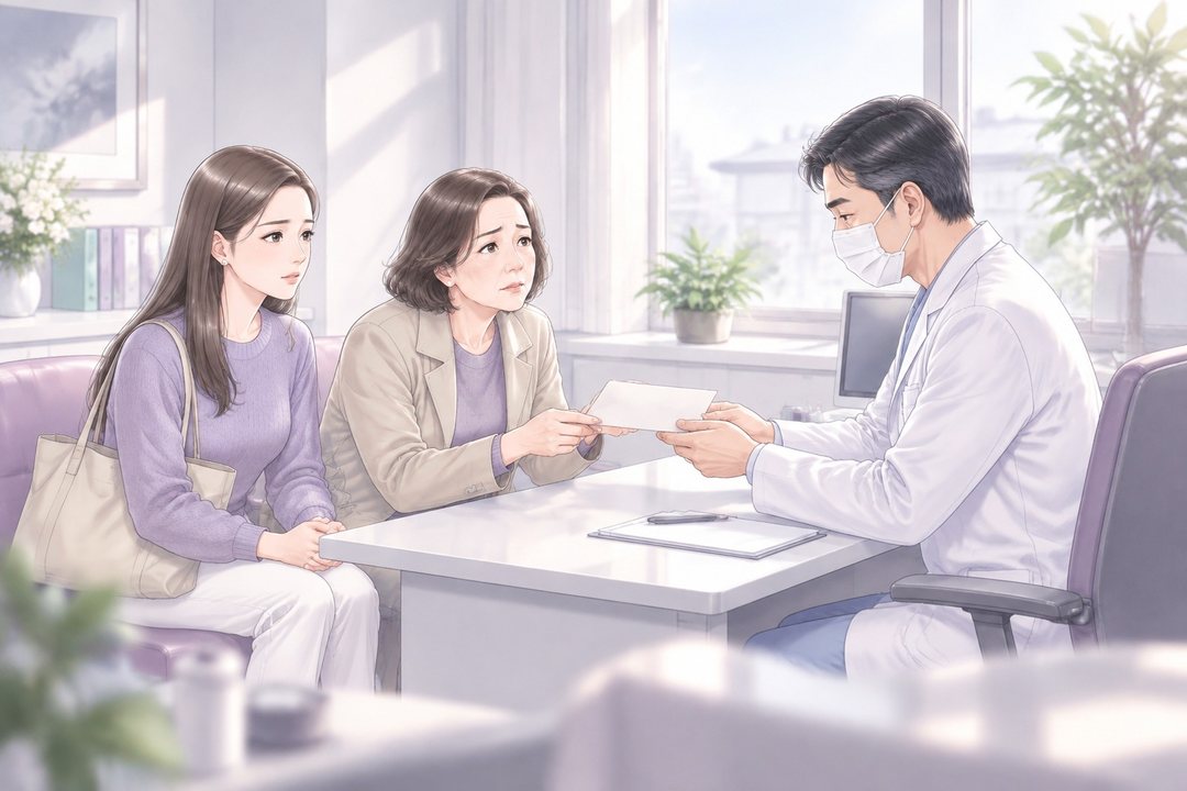 診察室。白衣にマスクの40代の男性の医師が机に座り、向かいに母と茉莉。母が封筒の裏のメモを両手で持ち、医師の方へ身を乗り出している。窓からの白い光。