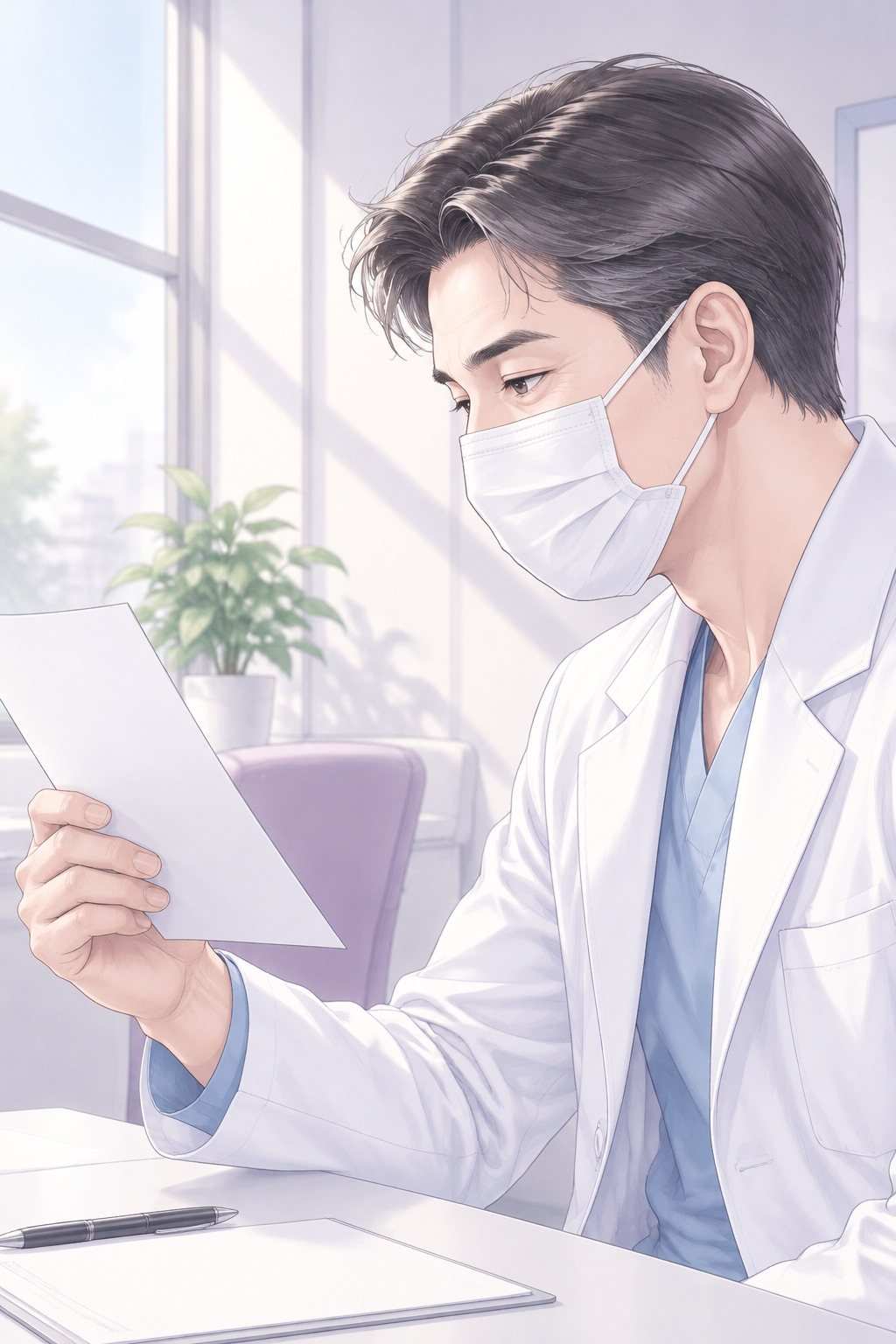 医師の横顔の寄り。マスクの上の目を伏せ、手に持ったメモを読む。窓からの白い光。