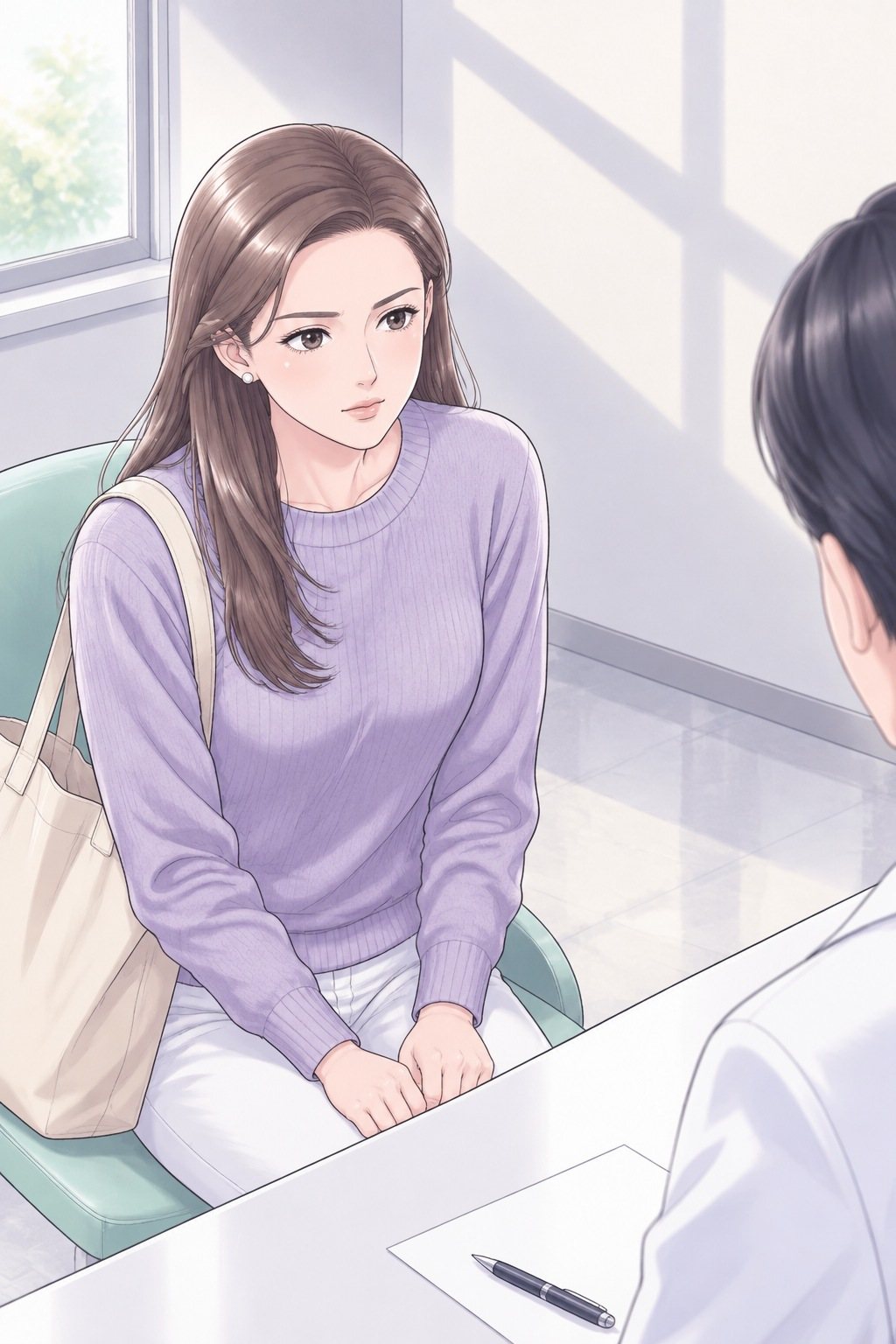 少し上から茉莉。椅子の端に座り、膝の上の手を握って医師を見る。