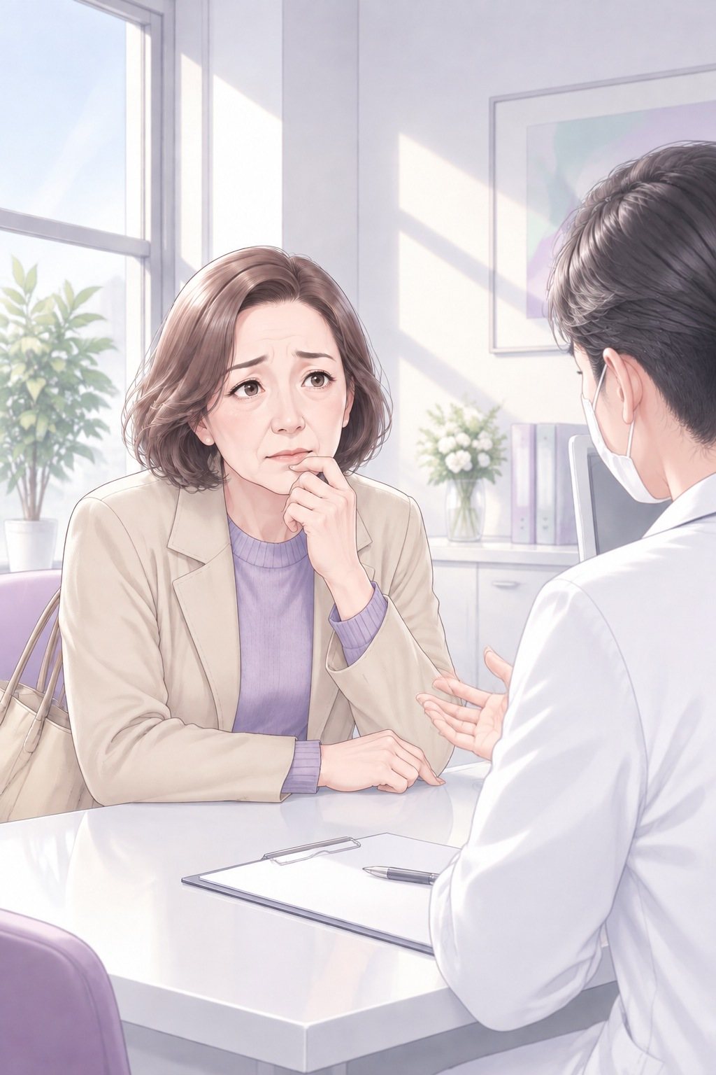 母の腰から上。笑いが消え、あごに手を当てて、右手前の医師の話を聞く。