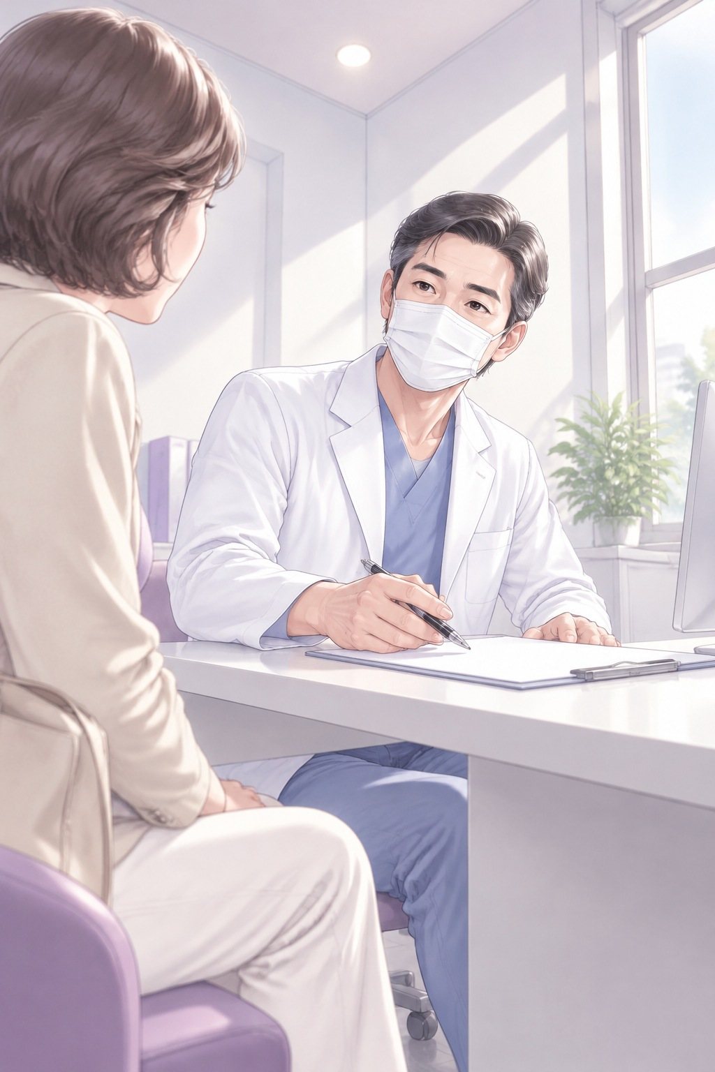 母の肩越しに医師。ペンを持つ手を机の紙に置いたまま、マスクの上の目でまっすぐ母を見て話す。
