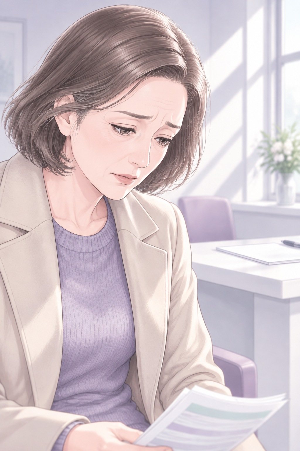 母の顔の寄り。眉を下げてうつむき、案内の紙を持つ手がゆっくり膝に下りる。目じりのしわ。