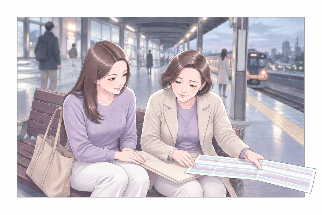日の暮れかけた駅のホーム。ベンチに茉莉と母が並んで座る。母が開いた案内の紙を、手から離すように右へ押しやる。紙の端が枠の外へはみ出す。