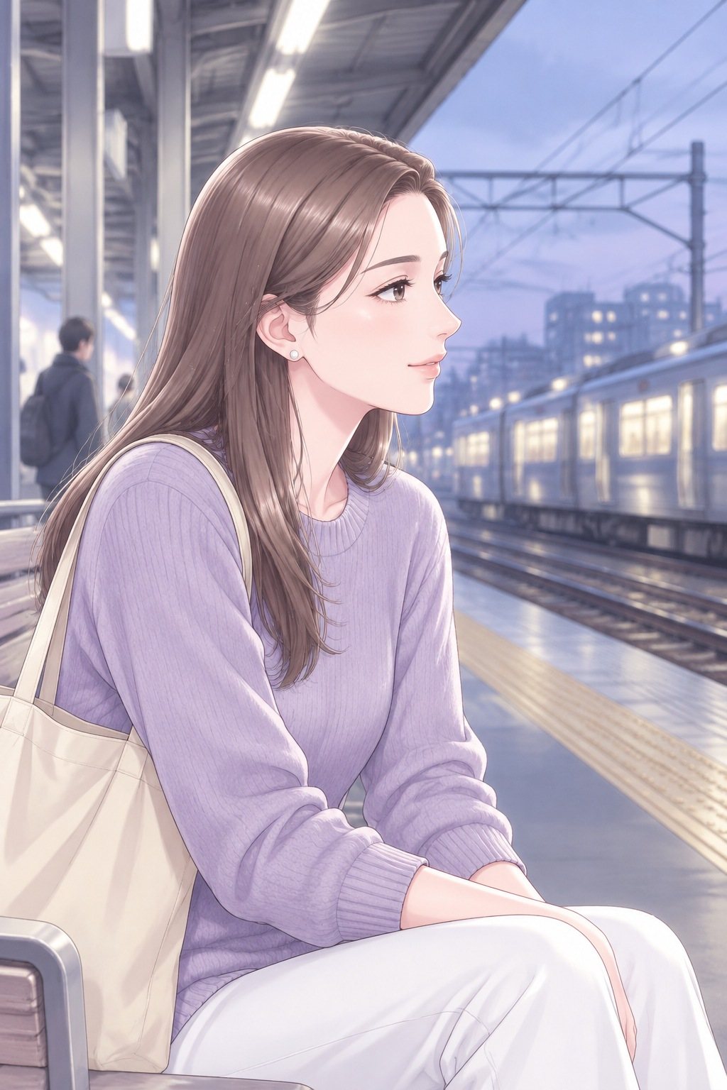 ホームのベンチの茉莉の腰から上。線路の方を見て少し笑う。夕方の光。