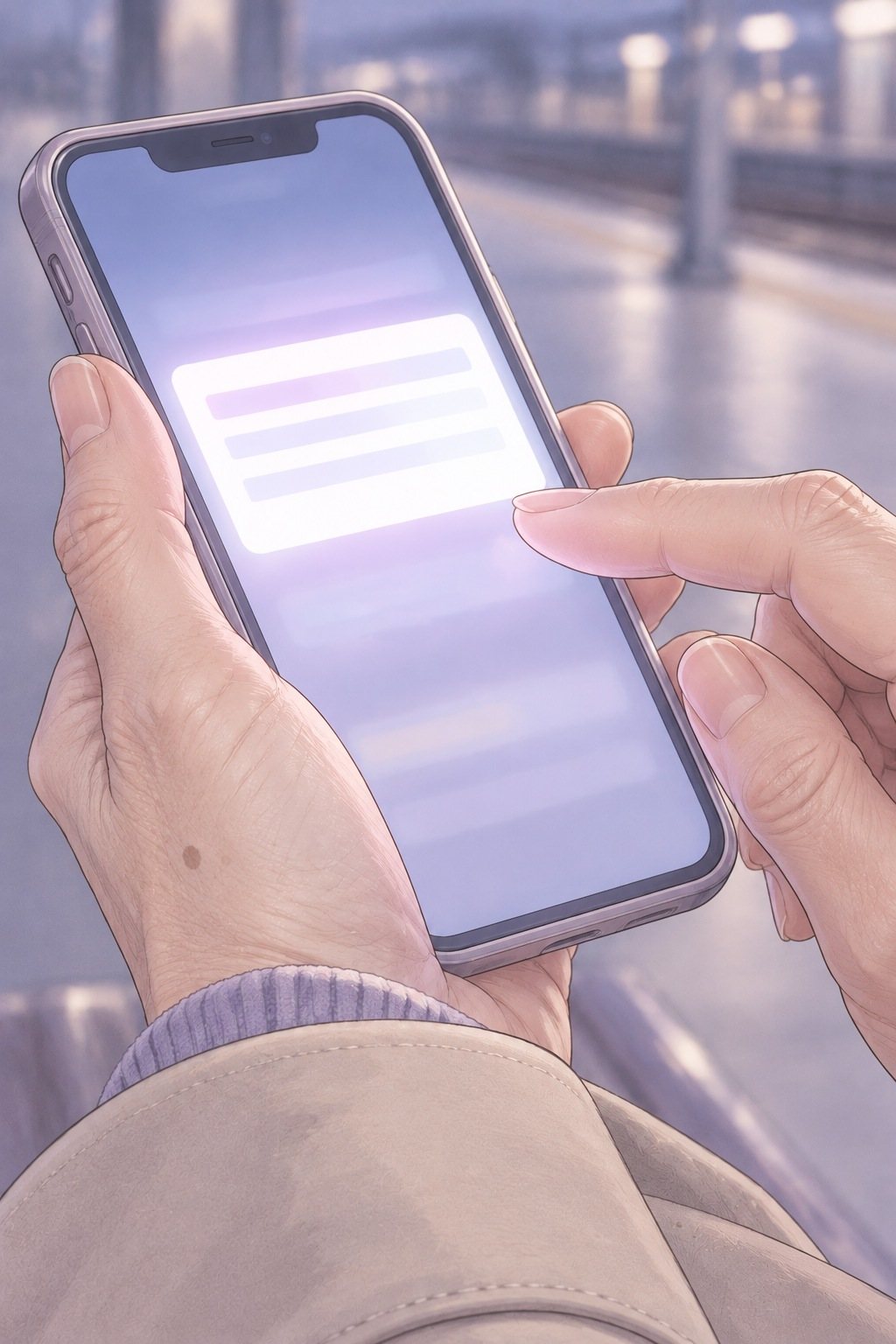 母のスマホの画面の寄り。ローンの会社のお知らせが光る（字は読めない）。母の指が画面の上で止まる。