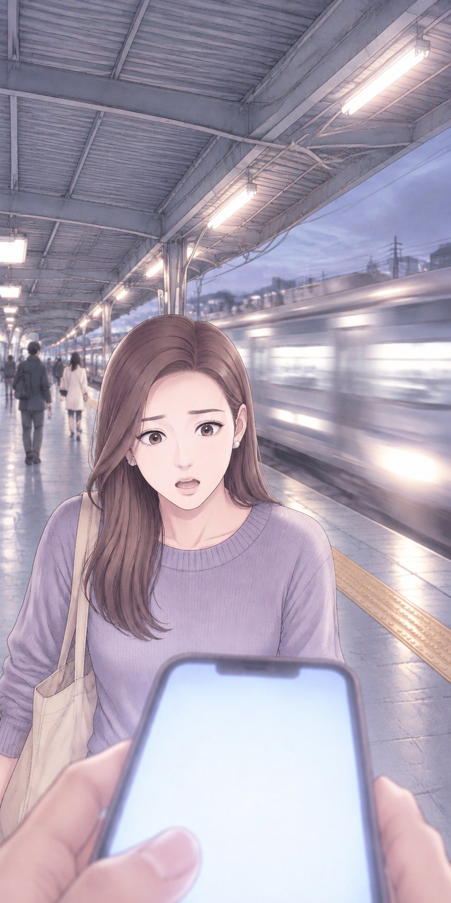 電車の入るホーム。ベンチから立ち上がった茉莉の上半身。目を見開き、口を開けたまま止まる。手前に母のスマホの画面の光、後ろに電車の白い光が線になって流れる。