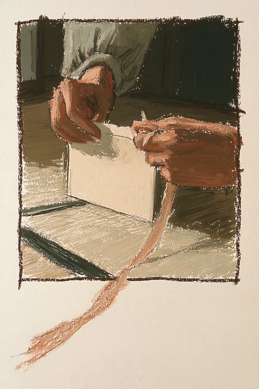封筒の寄り。娘の指が封をびりっと開ける。細長い切れ端が垂れて、絵の枠の下の線を越える。