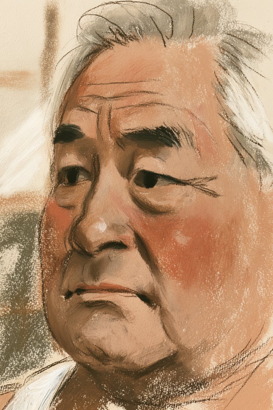 父の顔の寄り。口を結んだまま、目だけが一瞬、千晴のほうを向く。