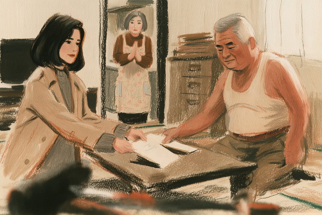 居間のちゃぶ台。右で、父が目を落としたまま、結果の紙を千晴のほうへ押し返す。左で、千晴が受け取る。奥で、母が両手を合わせている。