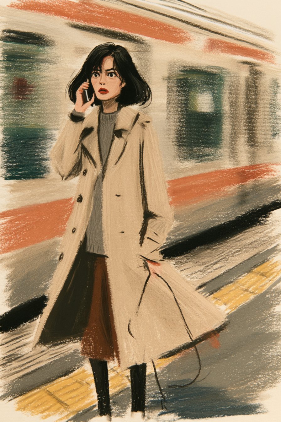 朝の駅のホーム。通勤のコートの千晴が、スマホを耳に当てたまま立ち止まる。後ろを電車が走り抜ける。