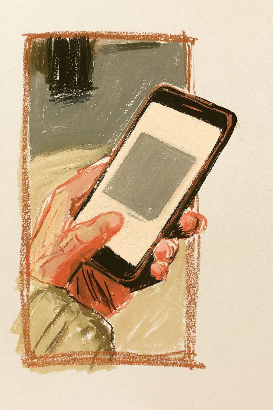 スマホの画面の寄り。父からのメッセージが1つ（字は読めない）。千晴の手がスマホを強く握る。スマホの角と指先が、絵の枠の右の線を越えて外へ出る。