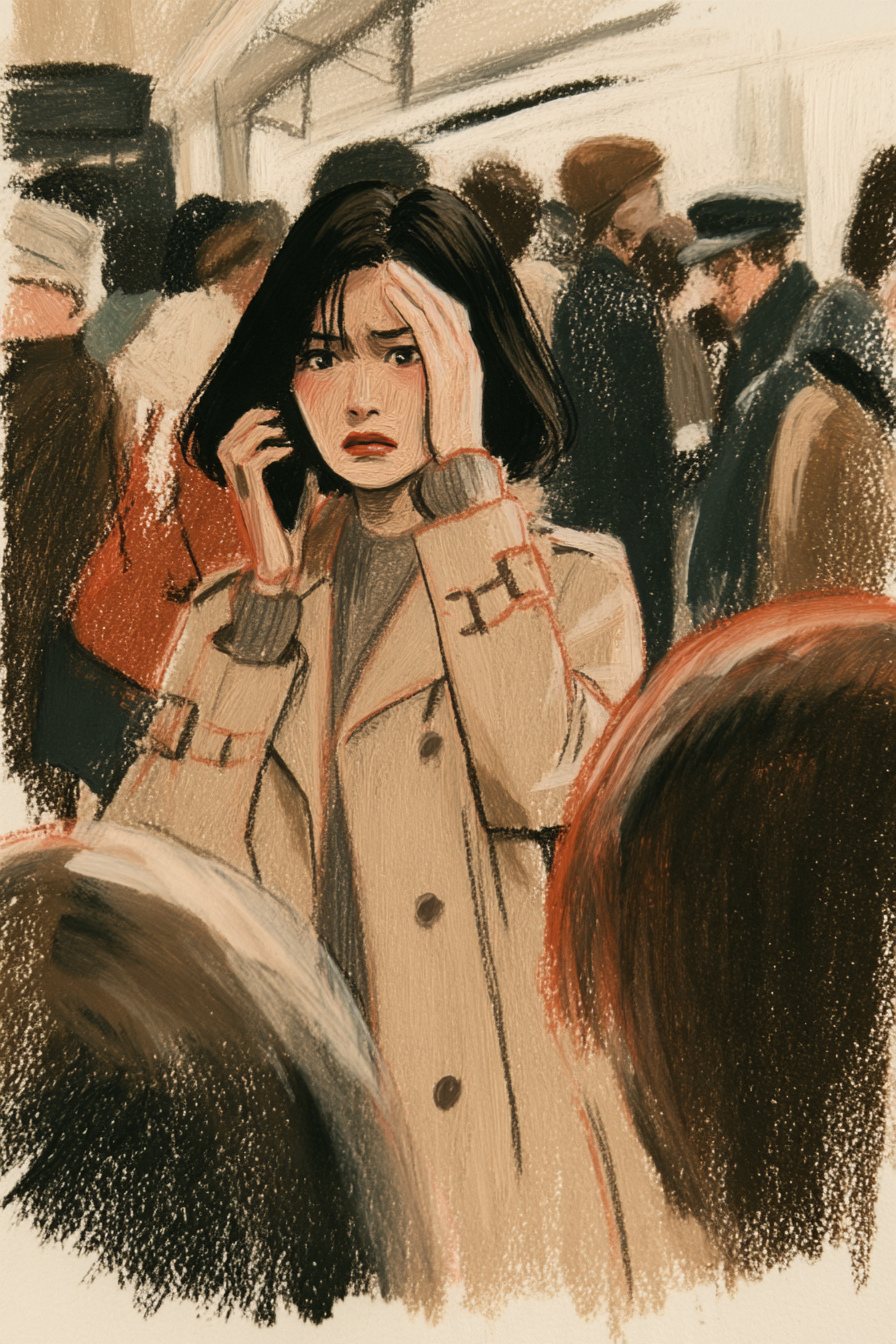 朝の駅のホーム。通勤の人が行き交う中、千晴がスマホを耳に当て、反対の手で額を押さえて立ち止まる。白い朝の光。