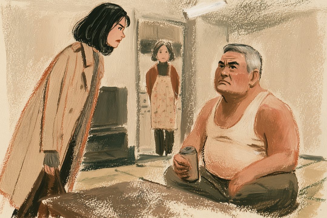 夜の居間。白い蛍光灯。右で、作業ズボンに肌着の父がちゃぶ台の前にあぐらをかき、缶のお茶を握る。左で、コートのままの千晴が立って父を見下ろす。奥の台所の入口に母。